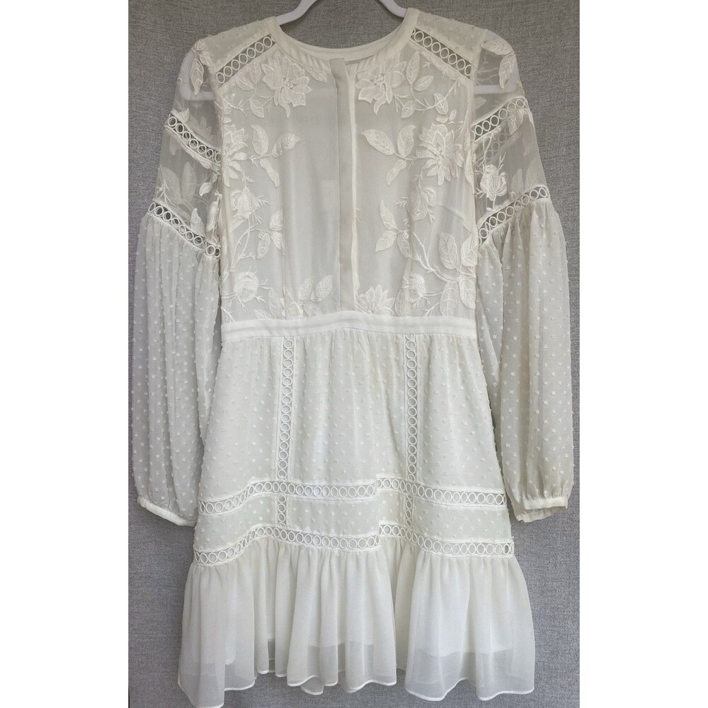 Aijek White Silk Blend Dress Embroidered Bridal Boho Mini Swiss Dot Swing 3